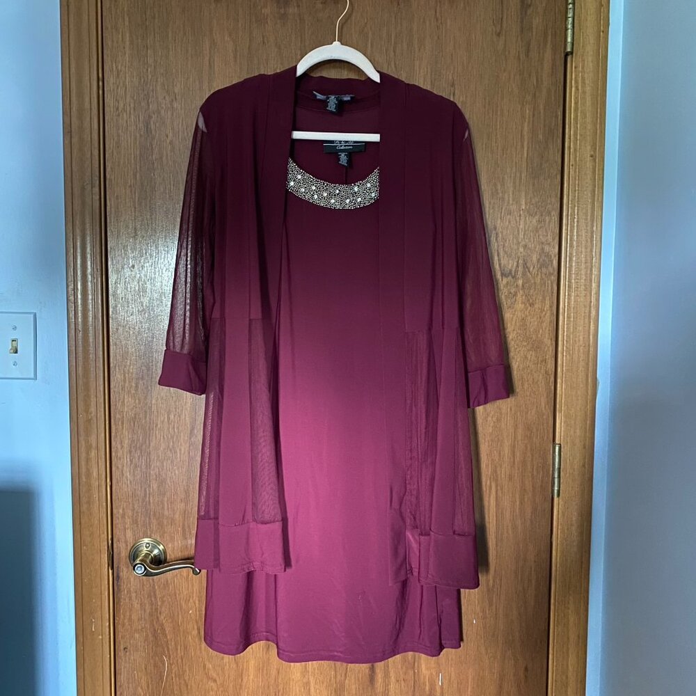 Two Piece Burgundy Slip Dress and Duster Jacket with Mesh Sleeves Rhinestones
